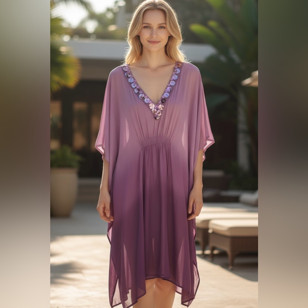 Elegant Pink  Sheer Ombre Kaftan Top one Size